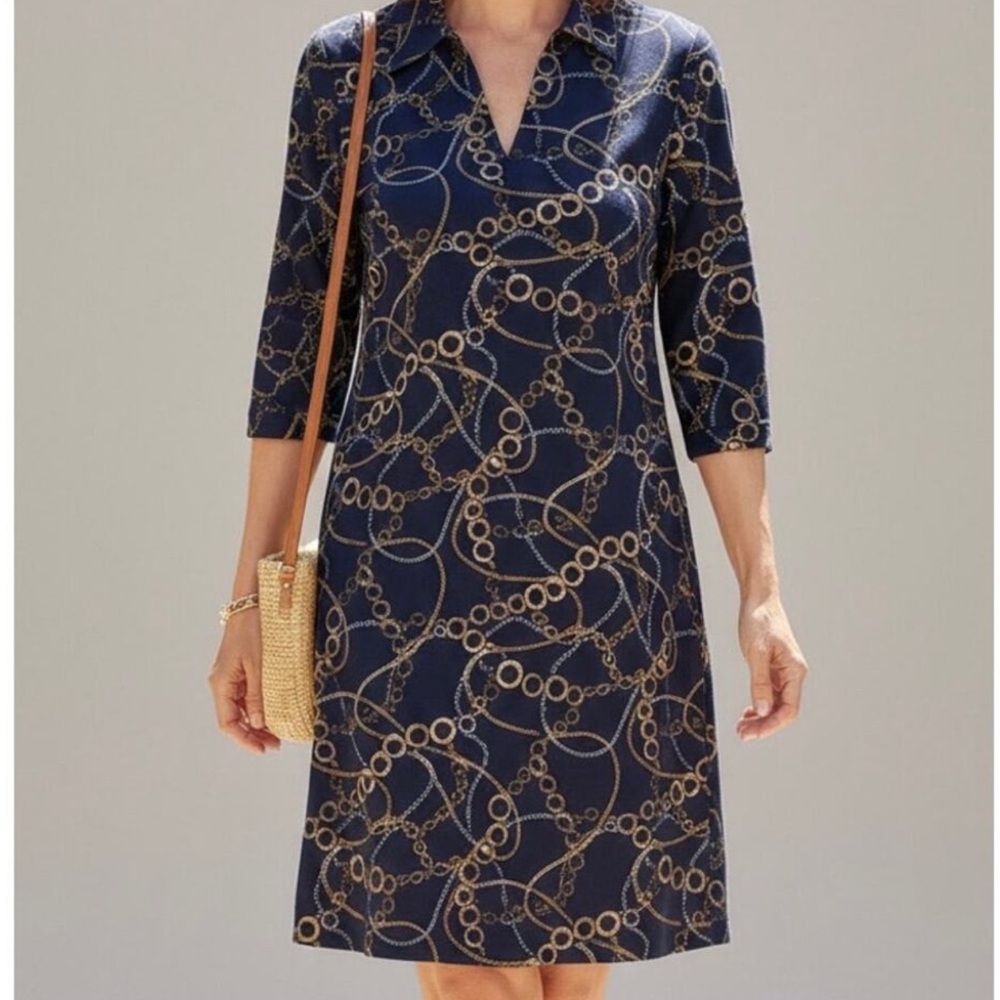 J McLaughlin Navy & Gold Chain Link Shift Dress.  Sz 14 Worn once.